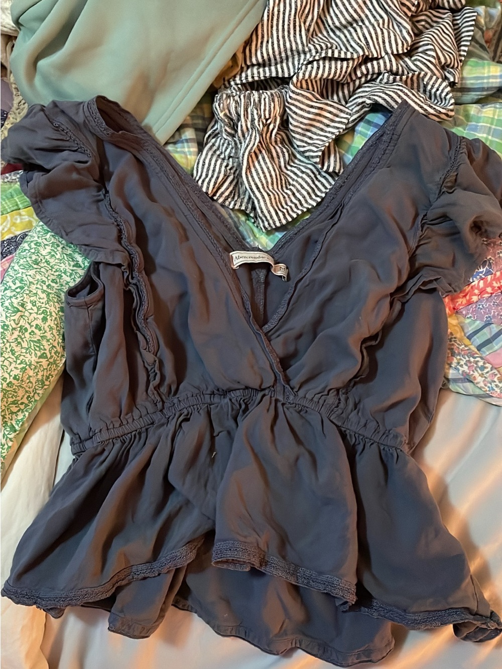 Abercrombie & Fitch Dark Navy V-Neck Ruffle Peplum Blouse
